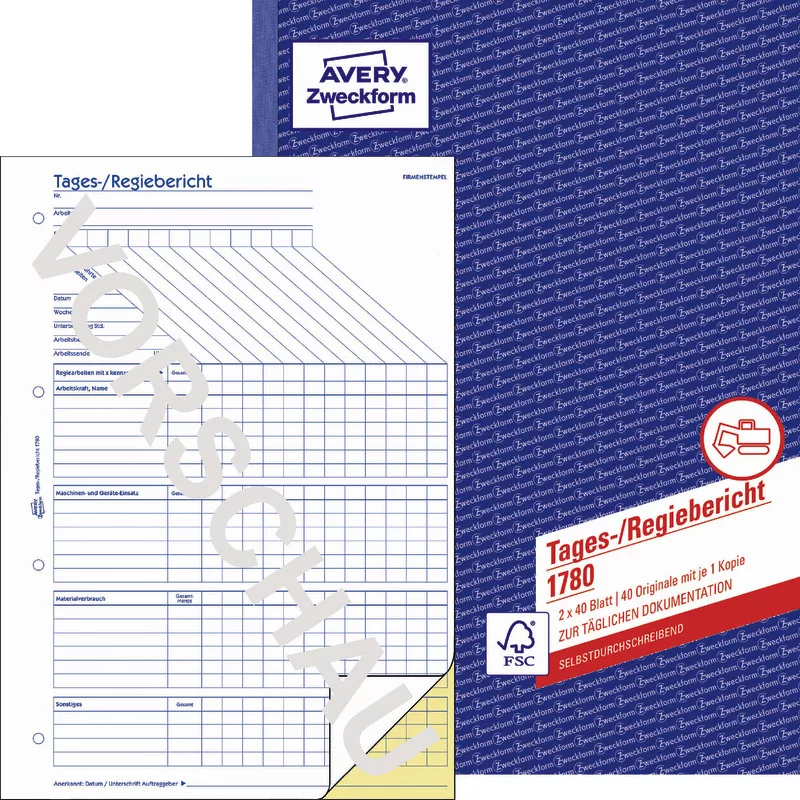 AVERY® Zweckform Tages-/Regiebericht 1780, A4, selbstdurchschreibend, 2x40 Blatt
