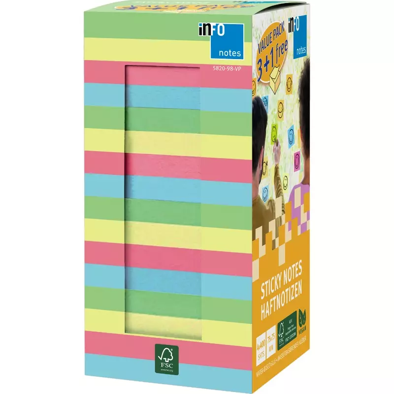 INFO NOTES Value Pack Haftnotizwürfel, 75 x 75 mm, 4 x 400 Blatt