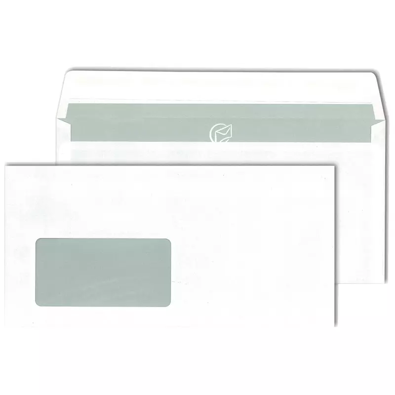 Briefumschlag DIN lang, 110 x 220 mm, haftklebend, weiß, 75 g/m², mit Fenster 45 x 90 mm, grauer Innendruck, Pack: 1.000 Stück