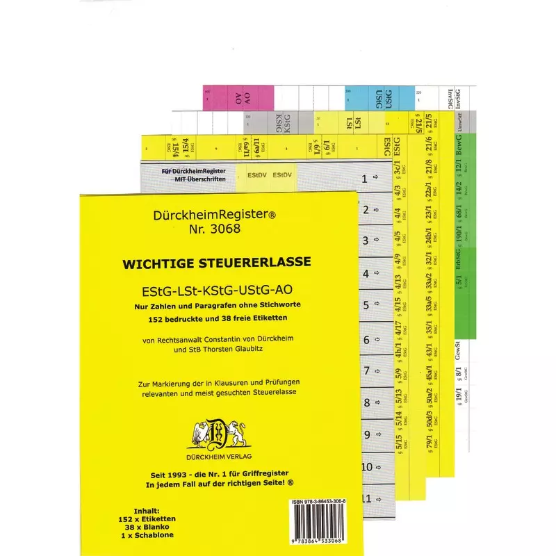 DürckheimRegister® STEUERERLASSE Gesetze und §§, OHNE Stichworte