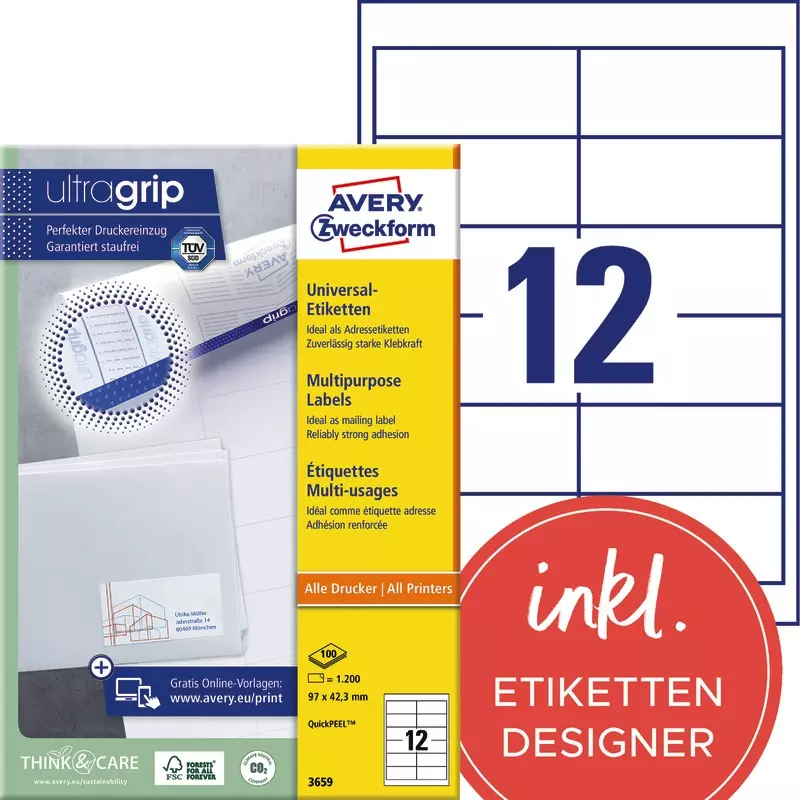 AVERY® Zweckform Universal-Etiketten 3659, permanent haftend, weiß, B x H: 97 x 42,3 mm, Pack: 1.200 Stück