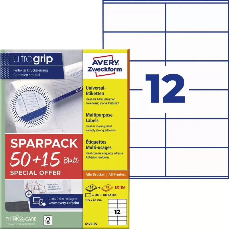 Avery Zweckform 6175-65, Universal-Etiketten, A4, Qualitätsdruck mit: ultragrip, 105 x 48 mm, 780 Etiketten / 65 Bögen, Weiß
