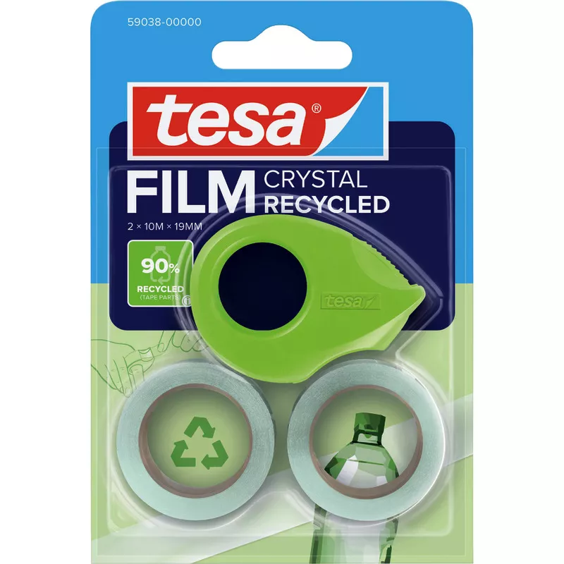tesa MINI DISPENSER RECYCLED Handabroller mit tesafilm® CRYSTAL RECYCLED 19 mm x 10 m, 2 Rollen