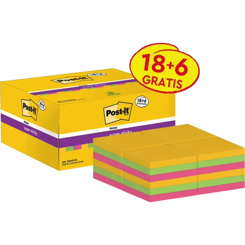 Post-it® Super Sticky Notes, Verschiedene Farben, 47.6 mm x 47.6 mm, Promotion, 90 Blatt/Block, 18 Blöcke + 6 Gratis/Packung