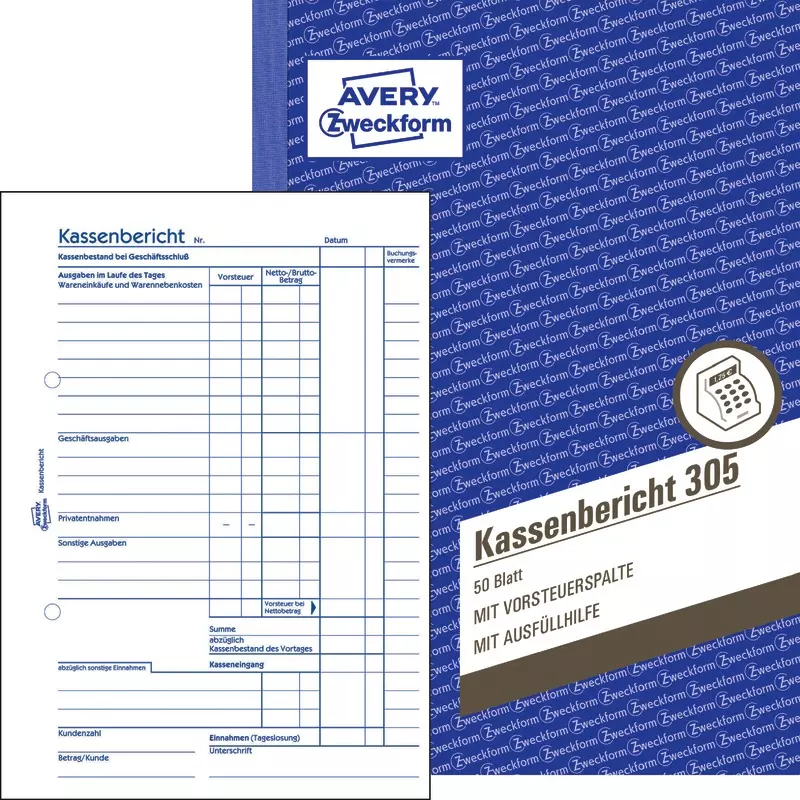AVERY® Zweckform Kassenbericht 305, A5, 50 Originale, 50 Blatt