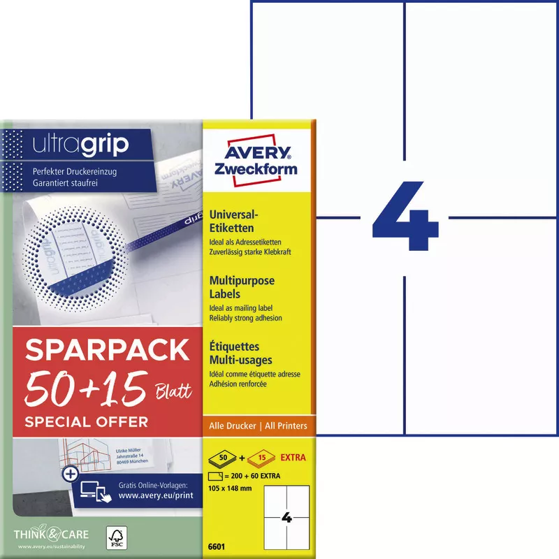Avery Zweckform 6601, Universal-Etiketten, A4, Qualitätsdruck mit: ultragrip, 105 x 148 mm, 260 Etiketten / 65 Bögen, Weiß