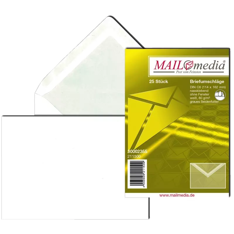 Briefumschlag DIN C6, 114 x 162 mm, weiß, nassklebend, Seitenklappen außenlebung, 80 g/m², graues Seidenfutter, Spitzklappe, Pack: 25 Stück