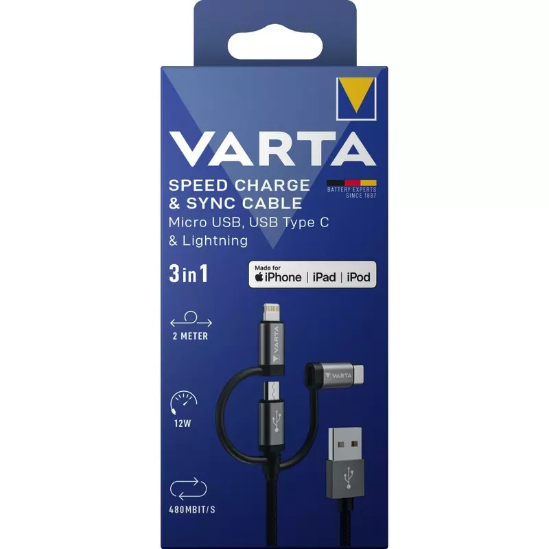 VARTA 3in1 Speed Charge & Sync Kabel, USB-A/Micro/C/Lightning