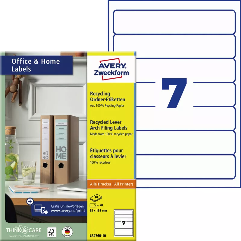 AVERY® Zweckform Recycling Ordner-Etiketten LR4760-10, 10 Blatt 38 x 192 mm, Inkjet, Farblaser, Laser s/w, Kopierer, für schmale Ordner (kurz), Pack: 70 Stück