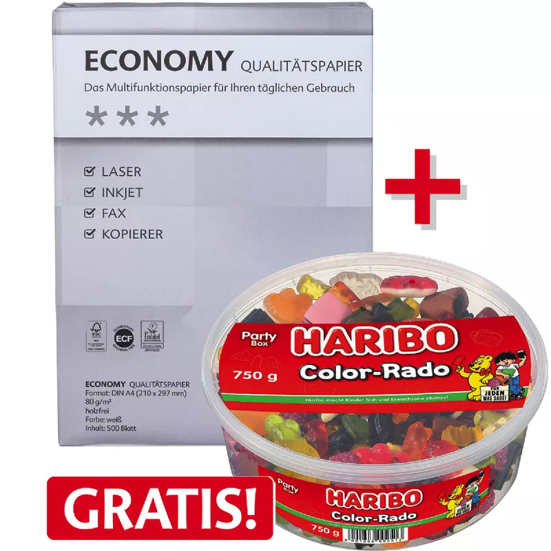 15 Pack SoldanPlus Kopierpapier ECONOMY, DIN A4, 80 g/m², Pack: 500 Blatt + HARIBO Color-Rado GRATIS