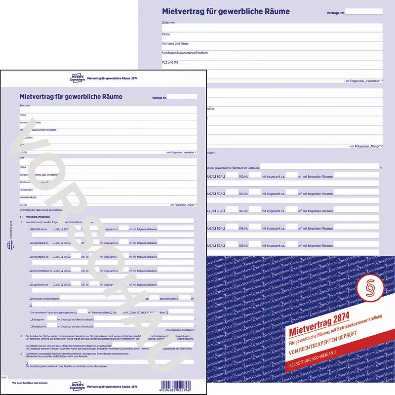 AVERY® Zweckform Mietvertrag 2874 für gewerbliche Räume, A4, 6-seitig, mit Durchschlag