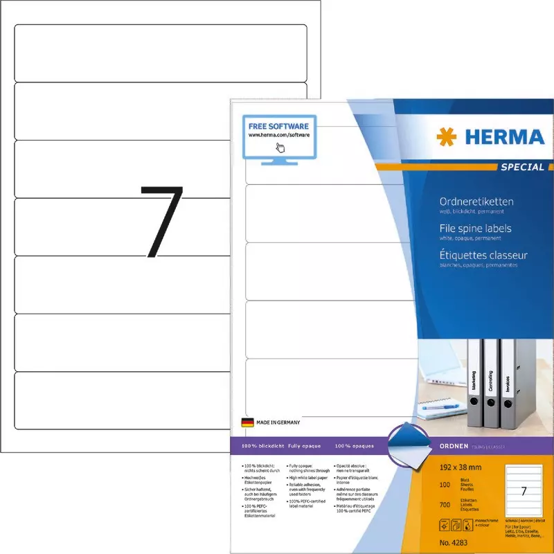 HERMA Ordneretiketten 4283, PC-bedruckbar, schmal / kurz, weiß, B x H: 38 x 192 mm, Pack: 700 Stück