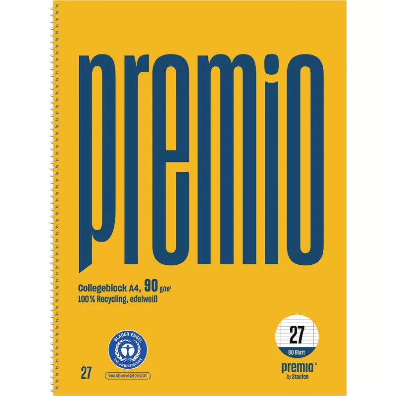 Staufen Collegeblock premio Recycling A4, Innen- und Außenrand, 90 g/m², 80 Blatt, liniert