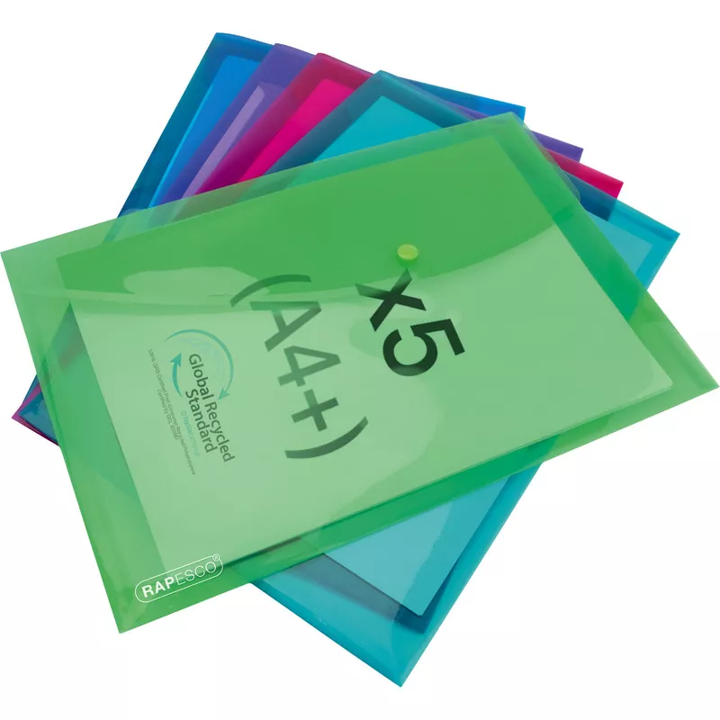 RAPESCO ECO GRS Recycelte Dokumentenmappe mit Druckknopf, A4+, sortierte transparente Farben, 5 Stück