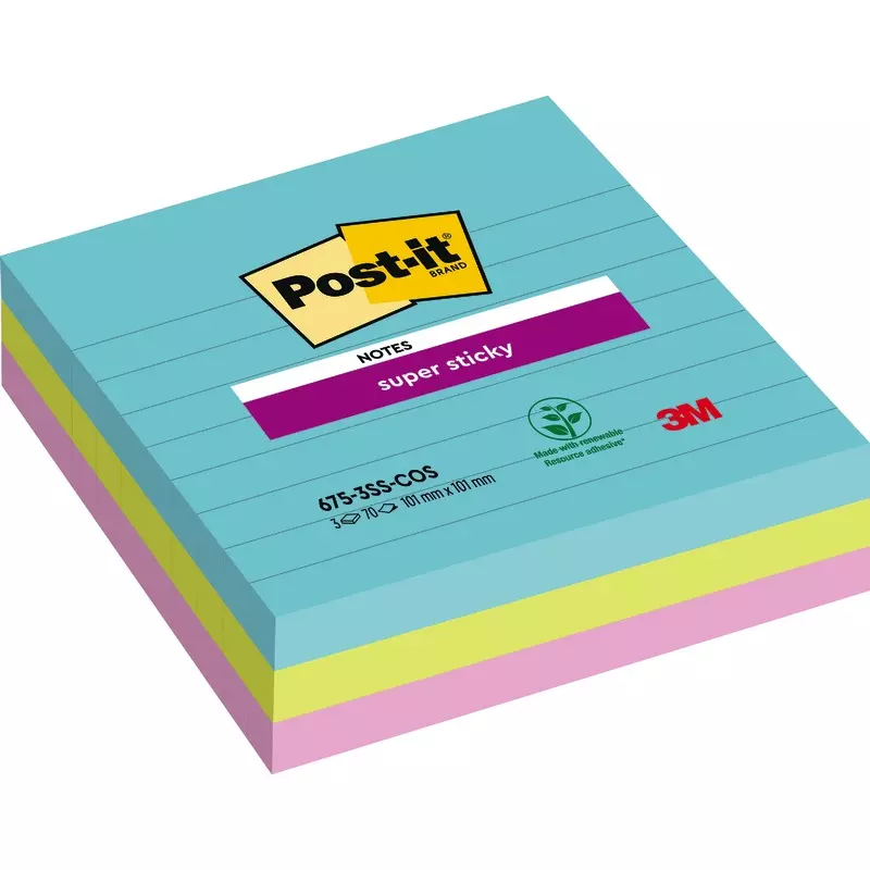 Post-it® Super Sticky Notes im Großformat, Oasis Collection, Liniert, 101 mm x 101 mm, 70 Blatt/Block, 3 Blöcke/Packung
