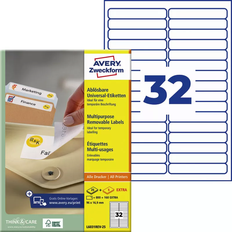 AVERY® Zweckform  Universal-EtikettenL6031REV-25, wiederablösbar, weiß, B x H: 96 x 16,9 mm, 30 Bogen/960 Etiketten, weiß