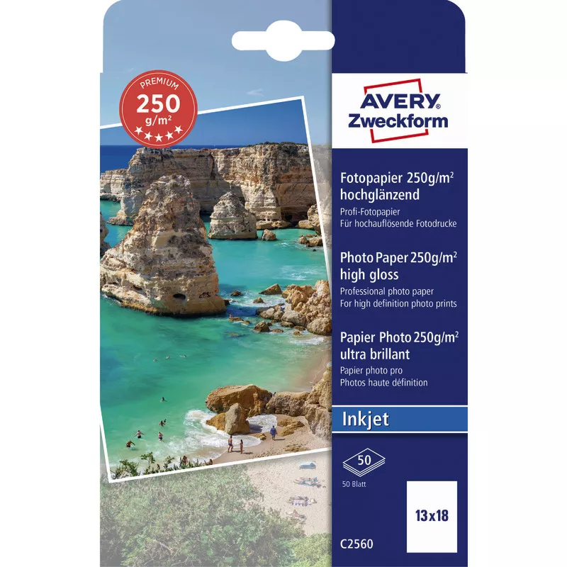 AVERY Zweckform Premium Inkjet Fotopapier, hochglänzend, 13 x18, 250 g/m², Packung: 50 Blatt
