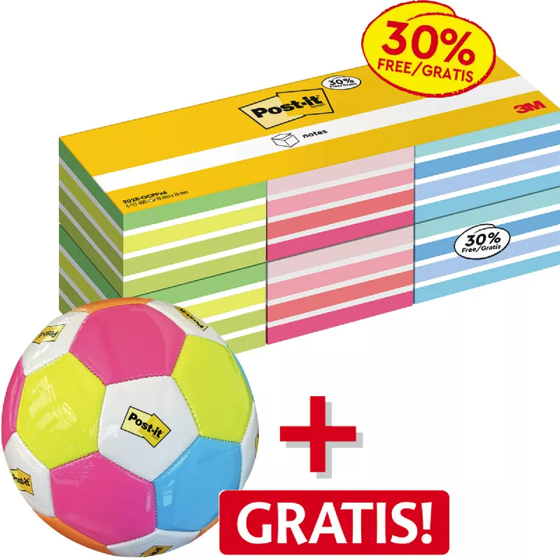 AKTION! 6 Würfel Post-it® Notes Würfel, 76 mm x 76 mm, 450 Blatt/ Block, farbsortiert + 1 Fußball GRATIS!