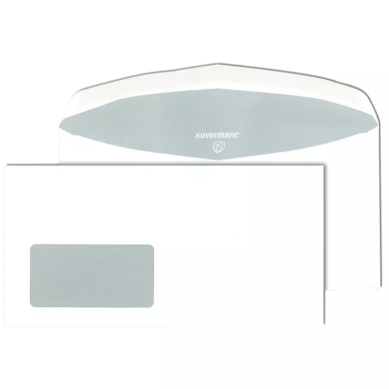 Briefumschlag Kuvermatic Kompakt, 120 x 235 mm, nassklebend, weiß, mit Fenster 45 x 90 mm, 80 g/m², grauer Innendruck, Seitenklappen außen, Pack: 1.000 Stück