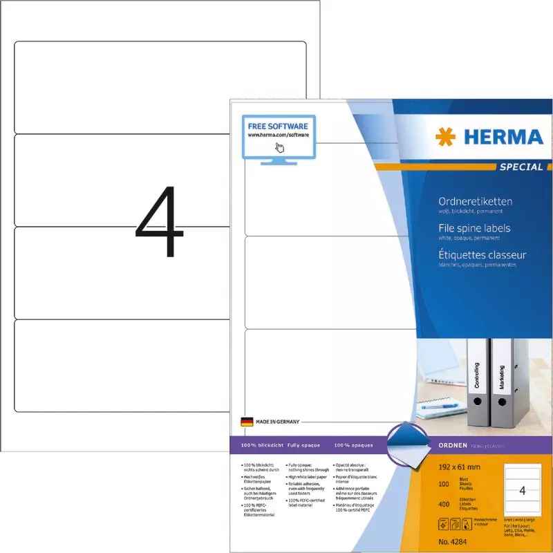 HERMA Ordneretiketten 4284, PC-bedruckbar, breit / kurz, weiß, B x H: 61 x 192 mm, Pack: 400 Stück