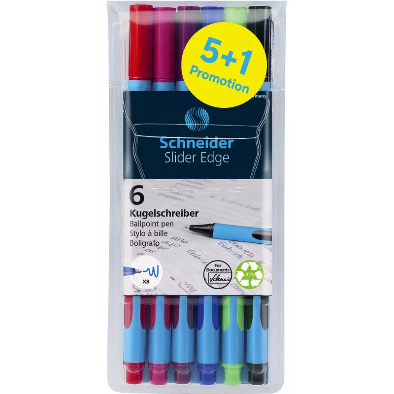 5+1 GRATIS! 6 SCHNEIDER Kugelschreiber Slider Edge XB, Etui mit farbsortierten Stiften