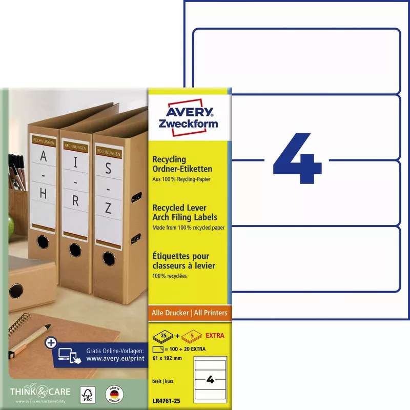 AVERY® Zweckform LR4761-25 Recycling Ordnerrücken-Etiketten, 61 x 192 mm, 30 Bogen/120 Etiketten, naturweiß