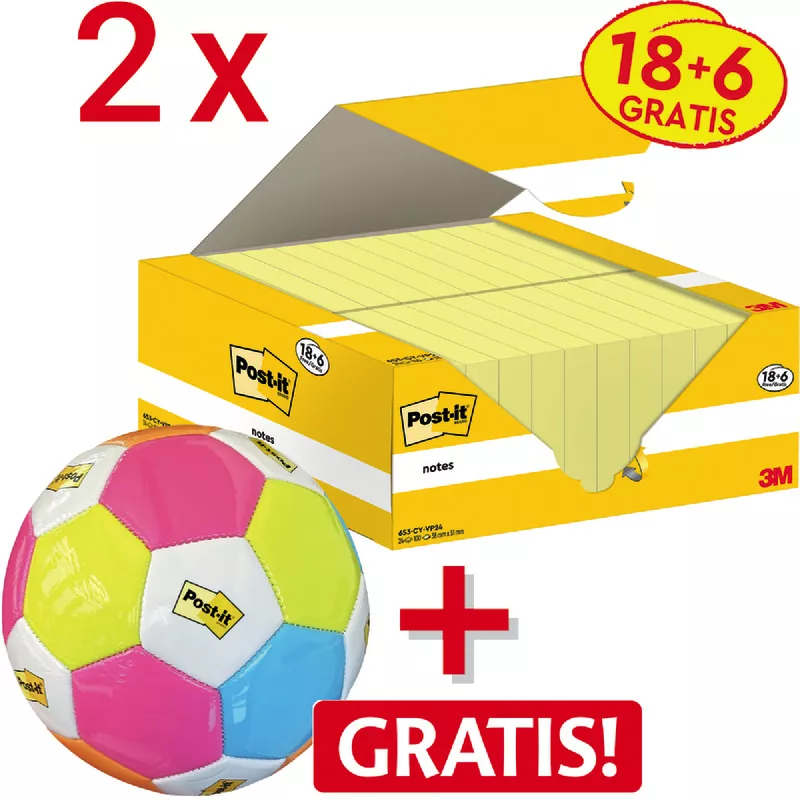 AKTION! 36 + 12 GRATIS! 48 Blöcke Post-it® Haftnotizen,  51x38 mm, gelb + 1 Fußball GRATIS!