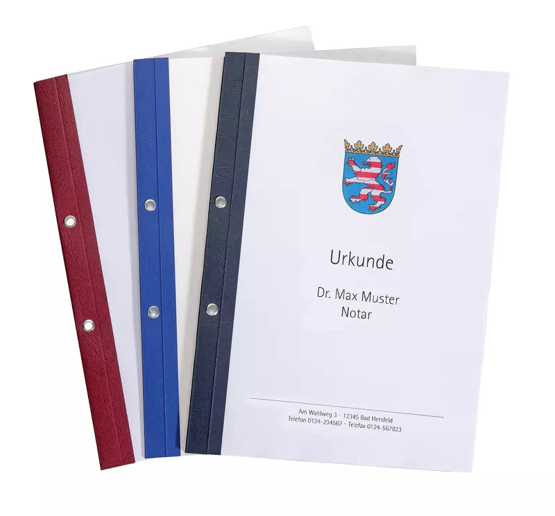 Ösen-Bindemappen mit transparentem Vorderdeckel, Lederstruktur, Rückenstärke 1,5 mm