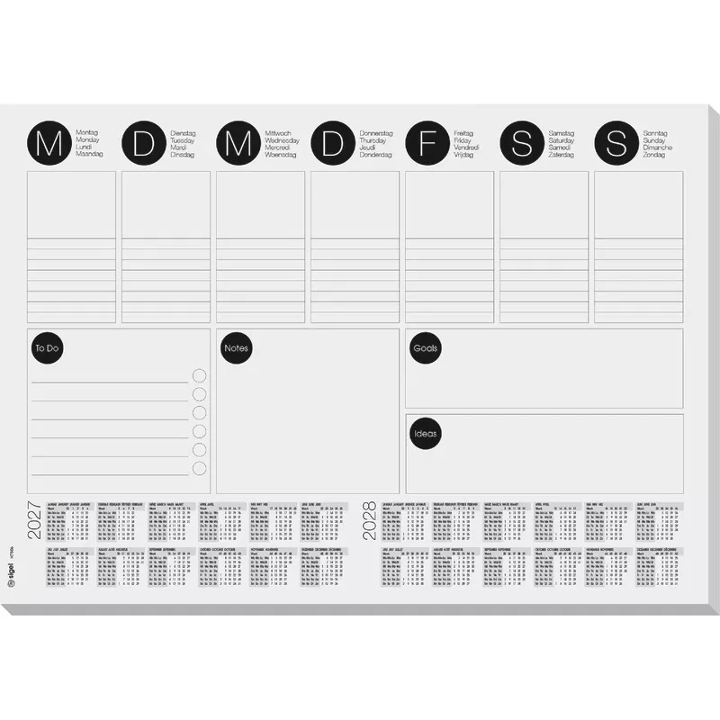 Sigel Schreibunterlage H7506 Papier, Wochenplaner, 30 Blatt, mit 3-Jahres-Kalender 2027/ 2028/ 2029, 420 x 297 mm