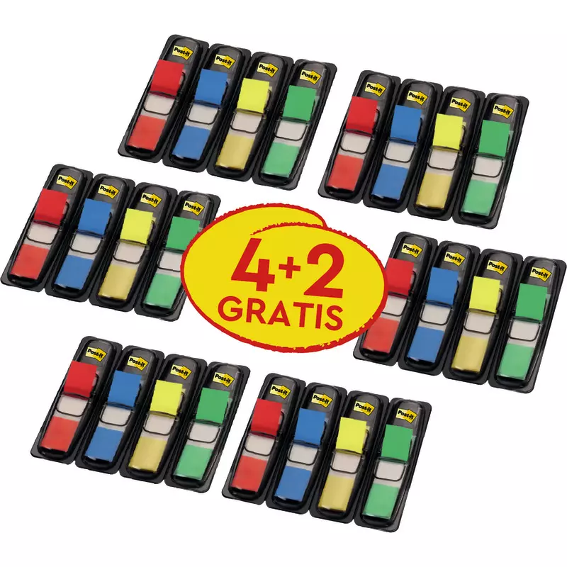 Post-it® Index Haftstreifen, Mini, Verschiedene Farben, 11.9 mm x 43.2 mm, 35 Haftstreifen/Spender, 4 Spender + 2 Gratis/Packung