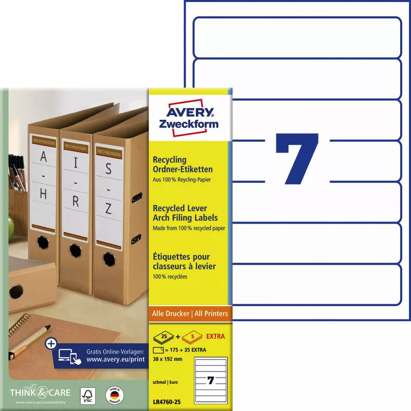 AVERY® Zweckform LR4760-25 Recycling Ordnerrücken-Etiketten, 38 x 192 mm, 30 Bogen/210 Etiketten, naturweiß