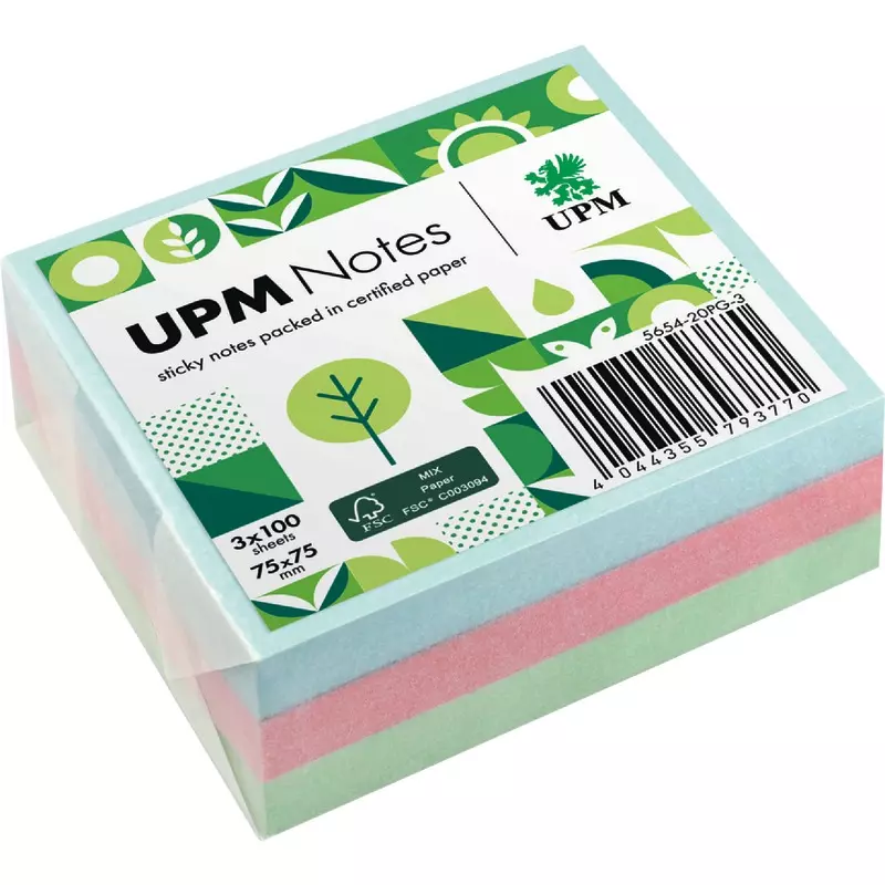 UPM NOTES Haftnotizen 75 x 75 mm, 3 x 100 Blatt Pastell-Mix