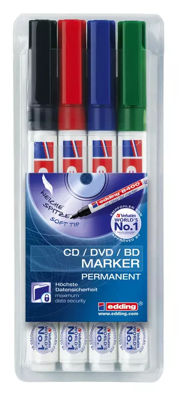 edding CD/DVD/BD Permanentmarker 8400, Etui mit 4 farbsortierten Stiften