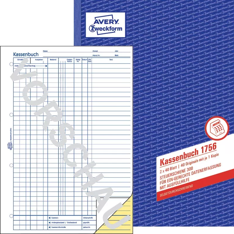 AVERY® Zweckform Kassenbuch 1756, A4, EDV-gerecht, selbstdurchschreibend, 2x40 Blatt