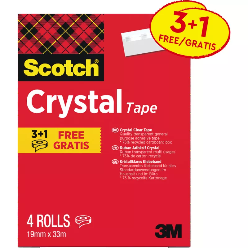 3+1 GRATIS! 4 Rollen Scotch® Crystal Klebeband, 19 mm x 33 m