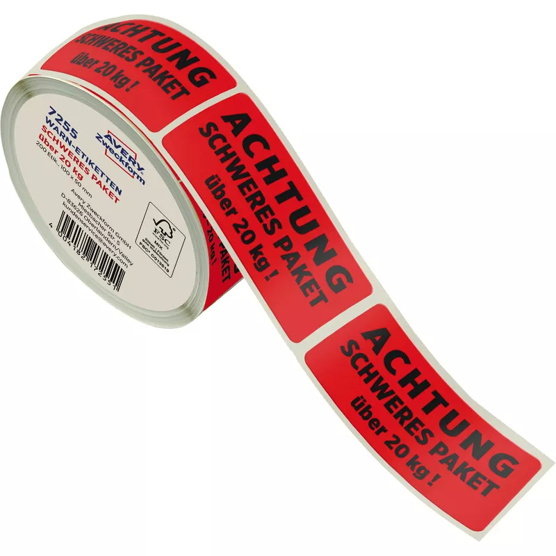 AVERY® Zweckform Warnetiketten 7255, 100 X 50 mm, Aufdruck "Schweres Paket über 20 kg!", 1 Rolle/200 Etiketten