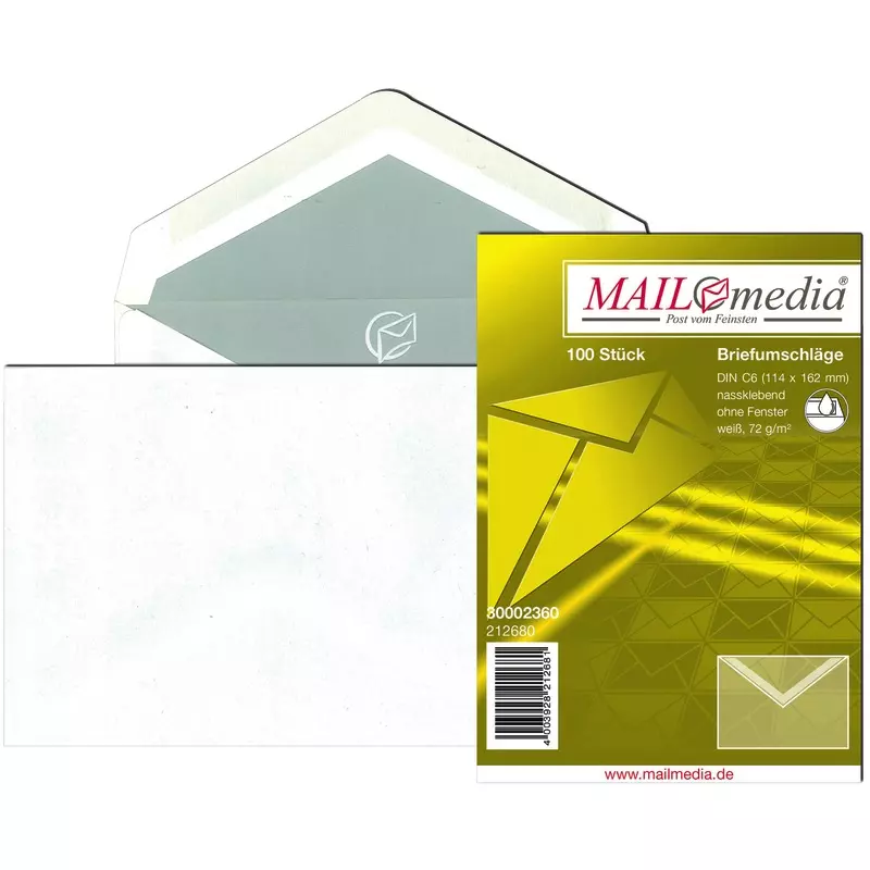 Briefumschlag DIN C6, 114 x 162 mm, weiß, nassklebend, Seitenklappen außenlebung, 75 g/m², grauer Innendruck, Spitzklappe, Pack: 100 Stück