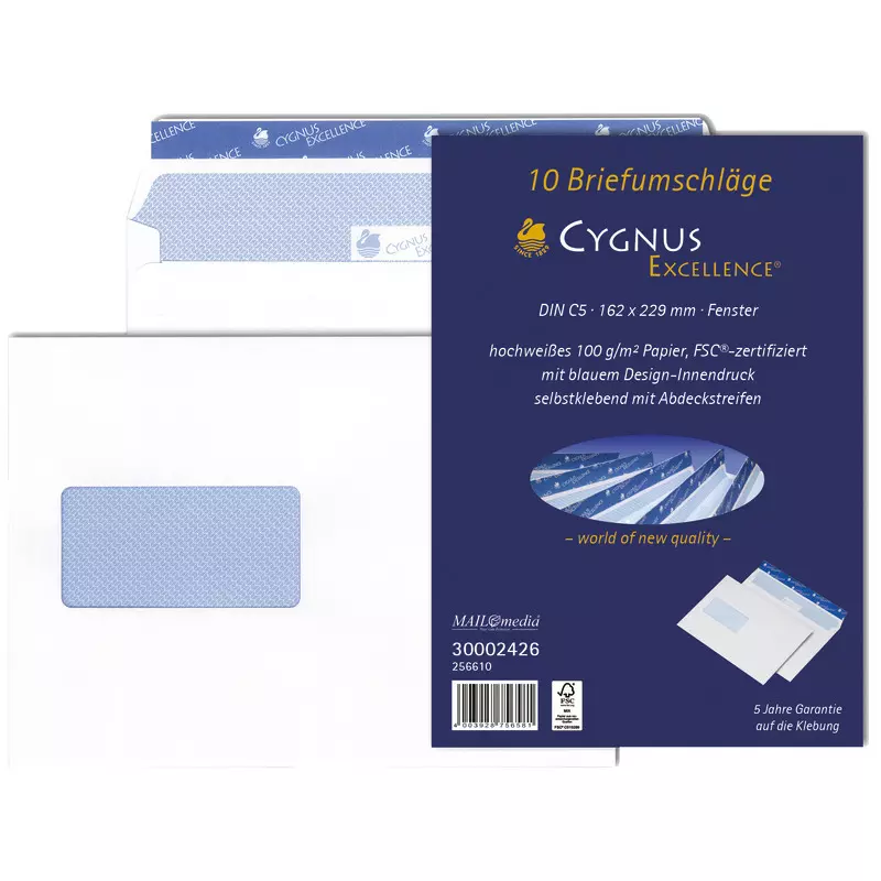 CYGNUS EXCELLENCE Briefumschlag DIN C5, 162 x 229, haftklebend, 100 g/m², mit Fenster, Pack: 10 Stück