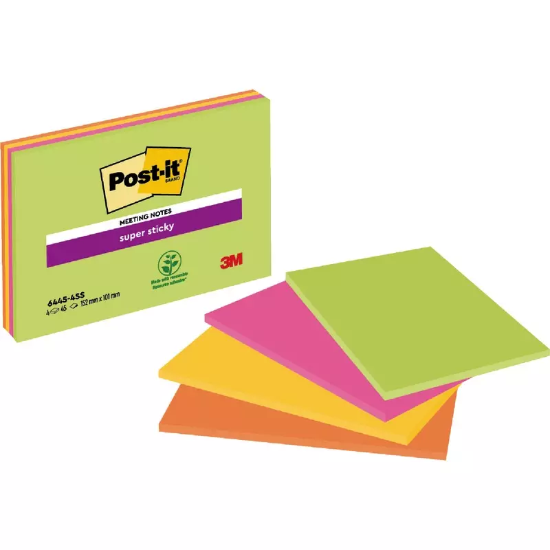 Post-it® Super Sticky Meeting Notes, Verschiedene Neonfarben, 203 mm x 152 mm, 45 Blatt/Block, 4 Blöcke/Packung