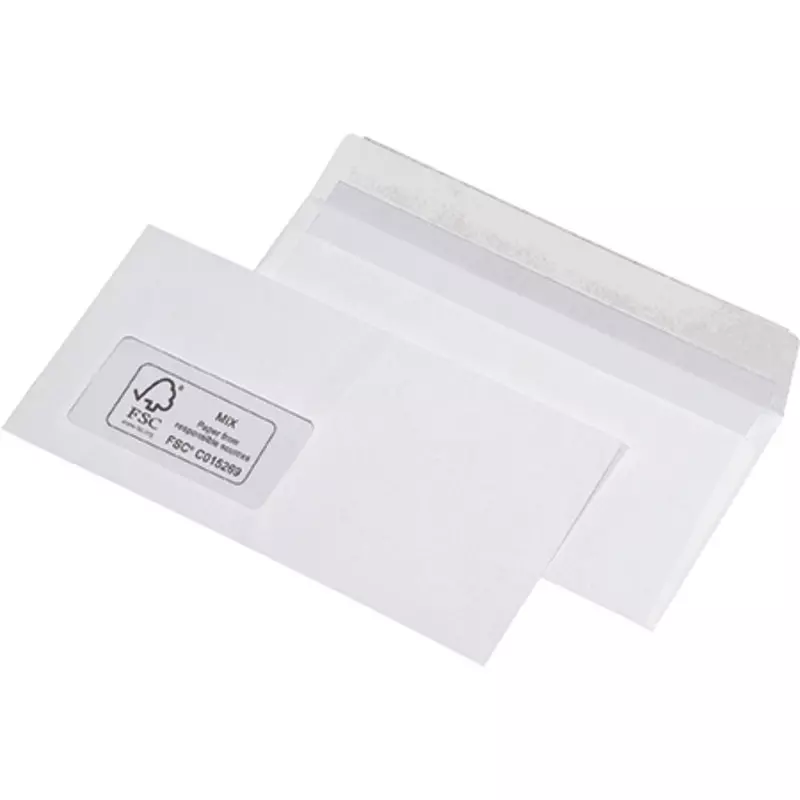Briefumschlag DIN lang, 110 x 220 mm, haftklebend, weiß, 100 g/m², mit Fenster 45 x 90 mm, Innendruck grau gepunktet, FSC-zertifiziert, Pack: 500 Stück