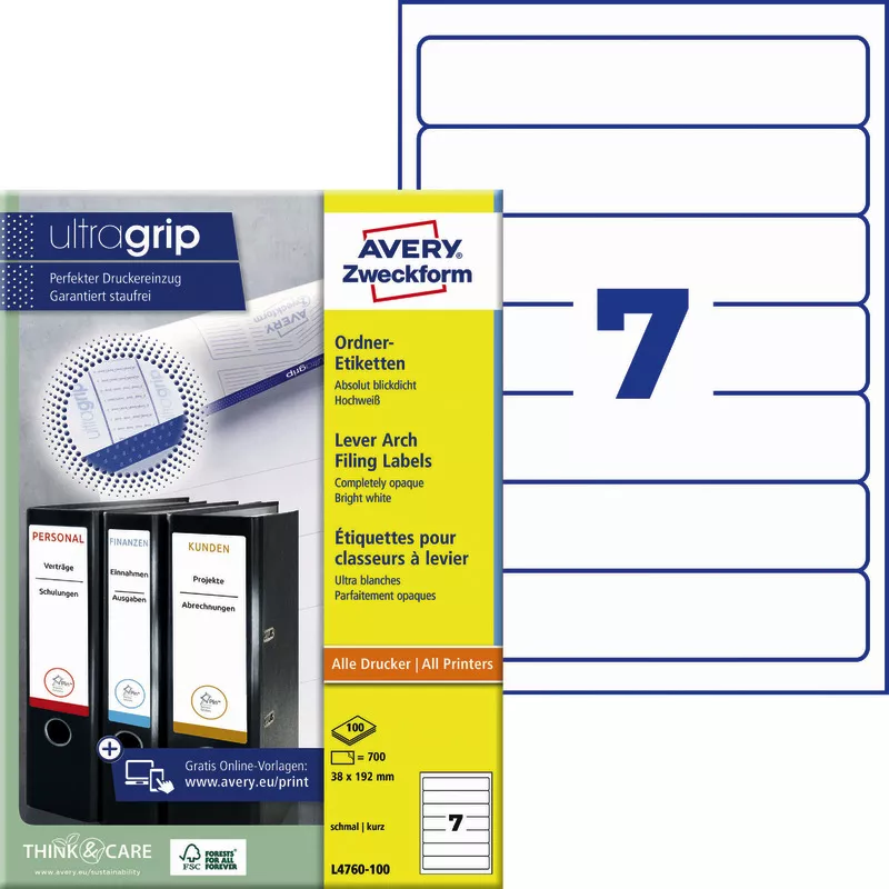 AVERY® Zweckform Ordner-Etiketten L4760-100, schmal, kurz, weiß, B x H: 38 x 192 mm, Pack: 700 Stück