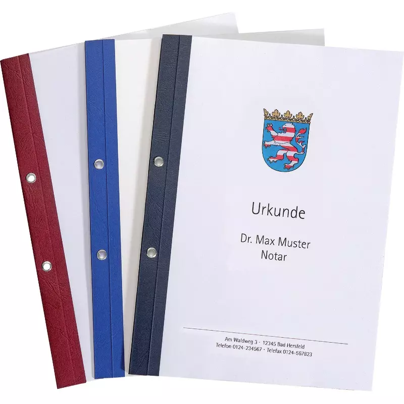 Ösen-Bindemappen mit transparentem Vorderdeckel, Lederstruktur, Rückenstärke 6 mm