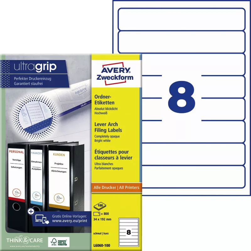 AVERY® Zweckform L6060-100 Ordnerrücken-Etiketten, 34 x 192 mm, 100 Bogen/800 Etiketten, weiß