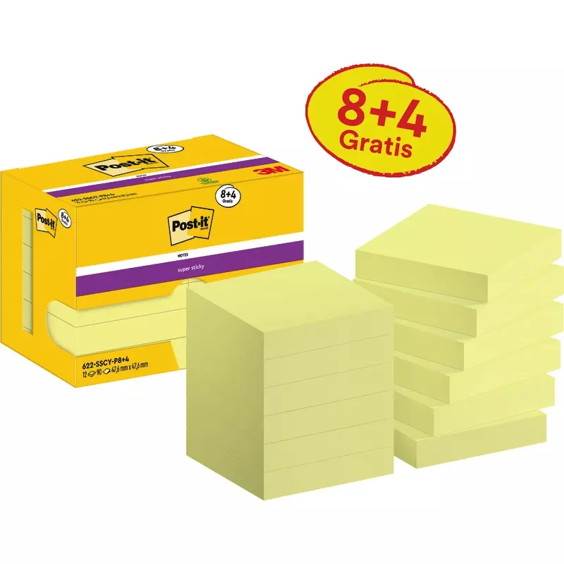 Post-it® Super Sticky Notes, Gelb, 47.6 mm x 47.6 mm,8 Blöcke + 4 Gratis/Packung