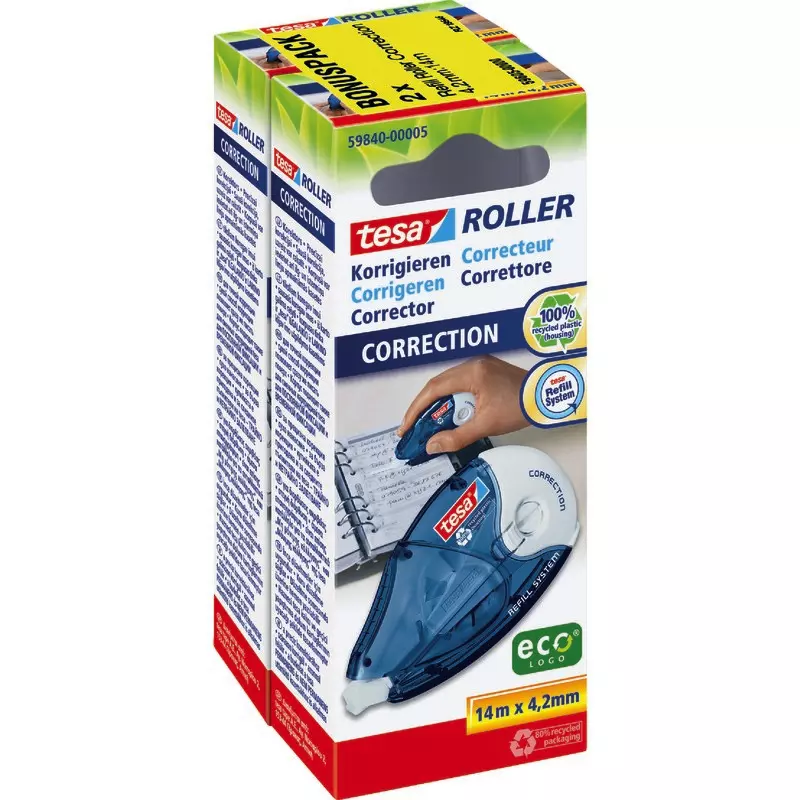 Spar-Set! 2 tesa Korrektur-Nachfüllroller ecoLogo®, 4,2mm x 14m