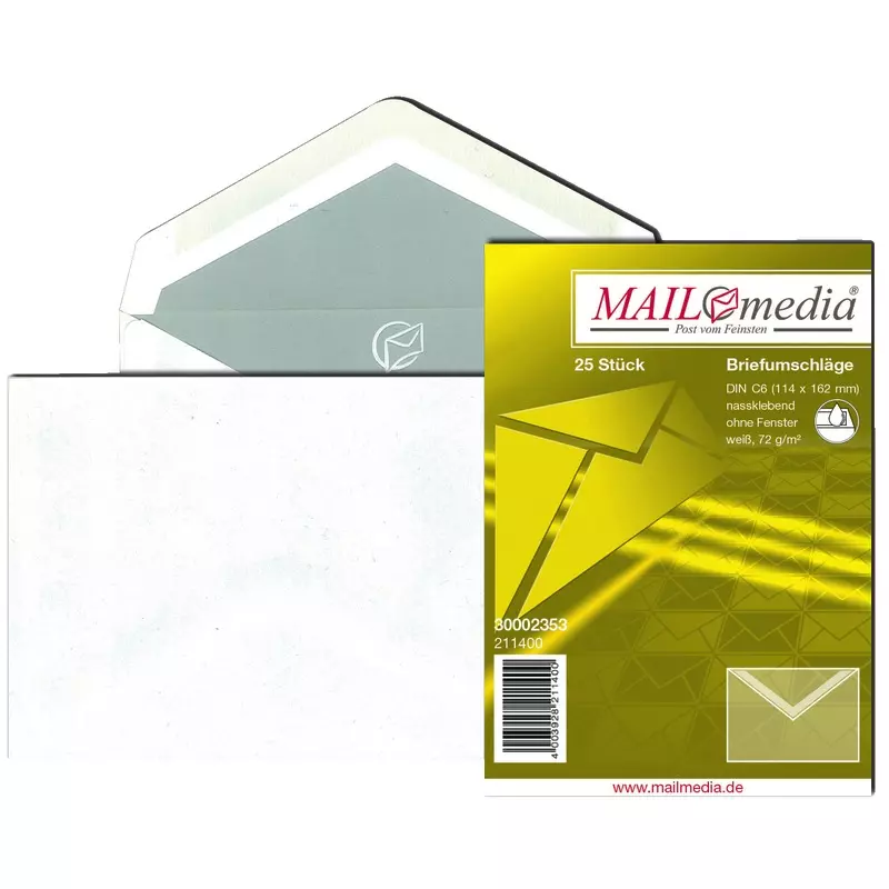 Briefumschlag DIN C6, 114 x 162 mm, weiß, nassklebend, Seitenklappen außenlebung, 75 g/m², grauer Innendruck, Spitzklappe, Pack: 25 Stück