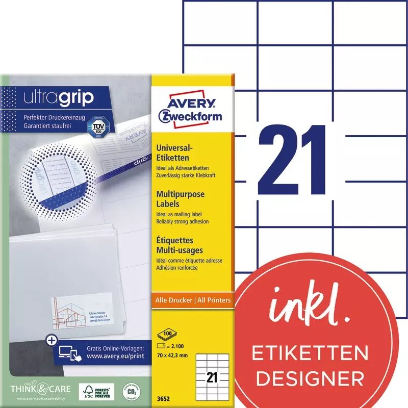 AVERY® Zweckform Universal-Etiketten 3652, permanent haftend, weiß, B x H: 70 x 42,3 mm, Pack: 2.100 Stück