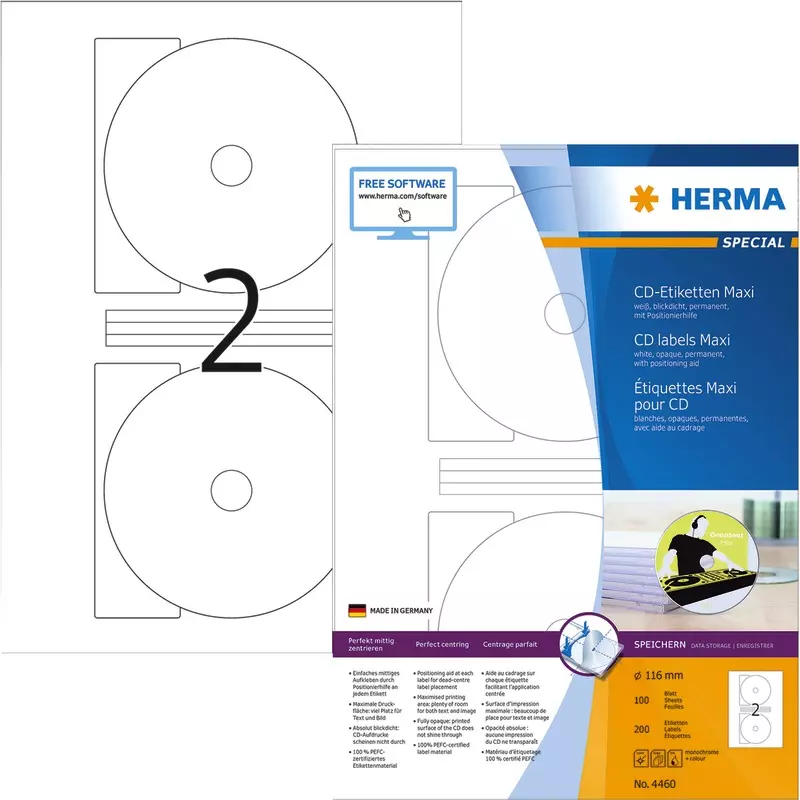 HERMA Etiketten 4460, 116 mm, CD Maxi weiß