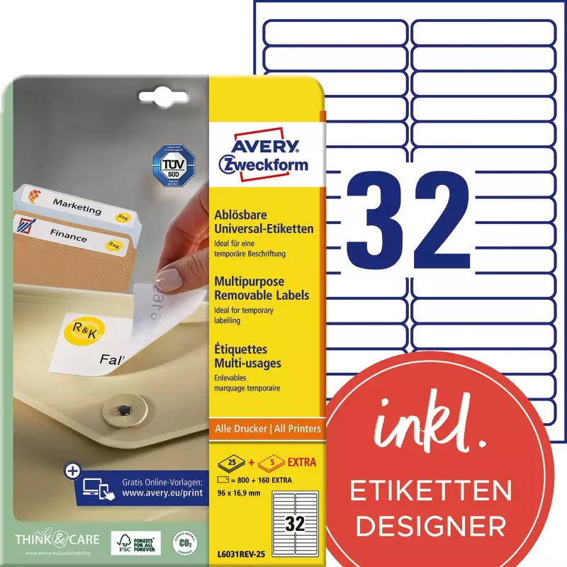 AVERY® Zweckform  Universal-EtikettenL6031REV-25, wiederablösbar, weiß, B x H: 96 x 16,9 mm, 30 Bogen/960 Etiketten, weiß