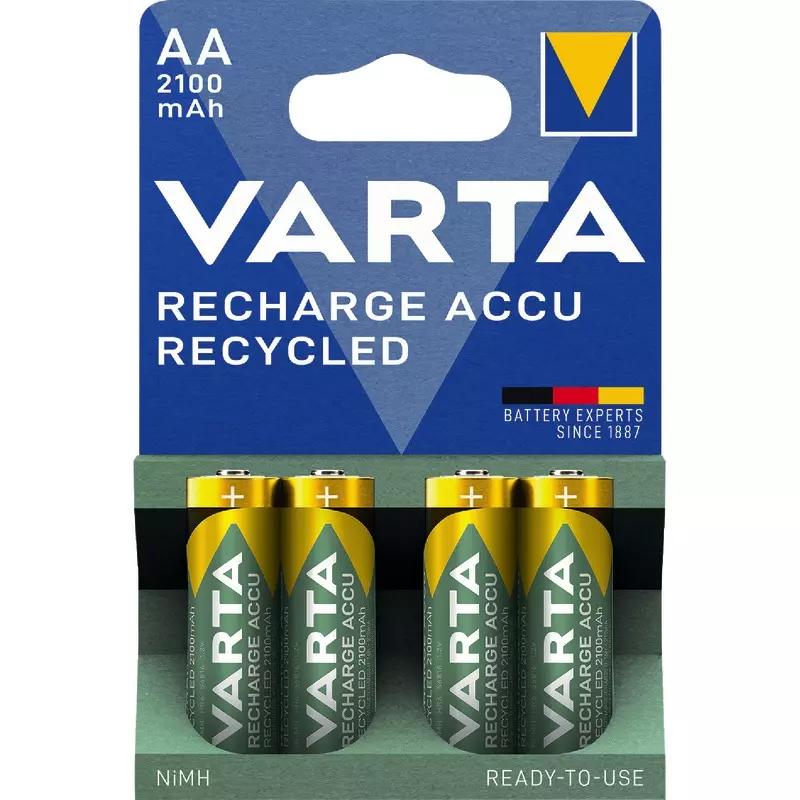 VARTA Akku Recharge Accu Recycled NiMH, AA Mignon HR6, 2.100 mAh, 1,2 V, Packung: 4 Stück
